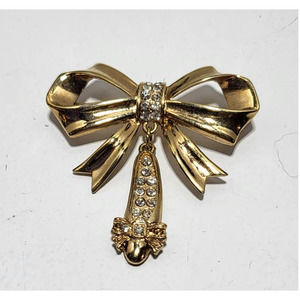 JJ Jonette Gold tone Ribbon Rhinestone Ballet Slipper Vintage Signed Brooch